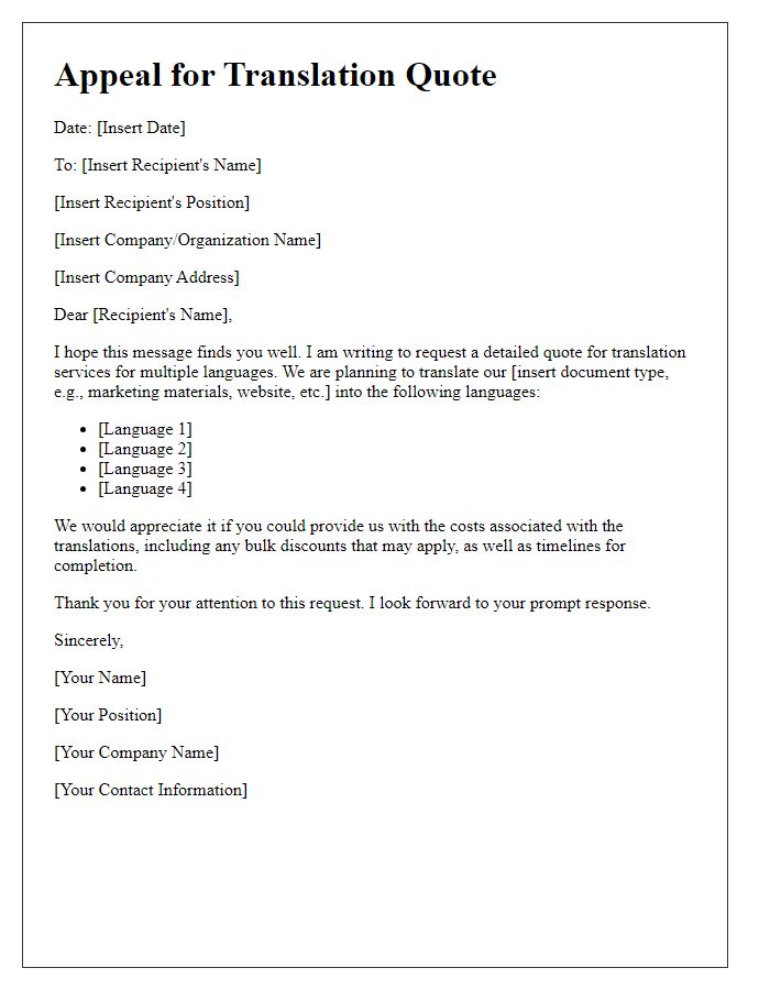 Letter template of appeal for a translation quote for multiple languages.