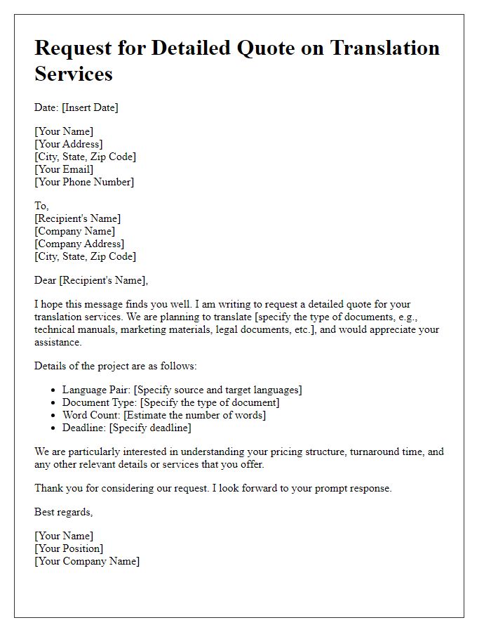 Letter template of application for a detailed quote on translation services.