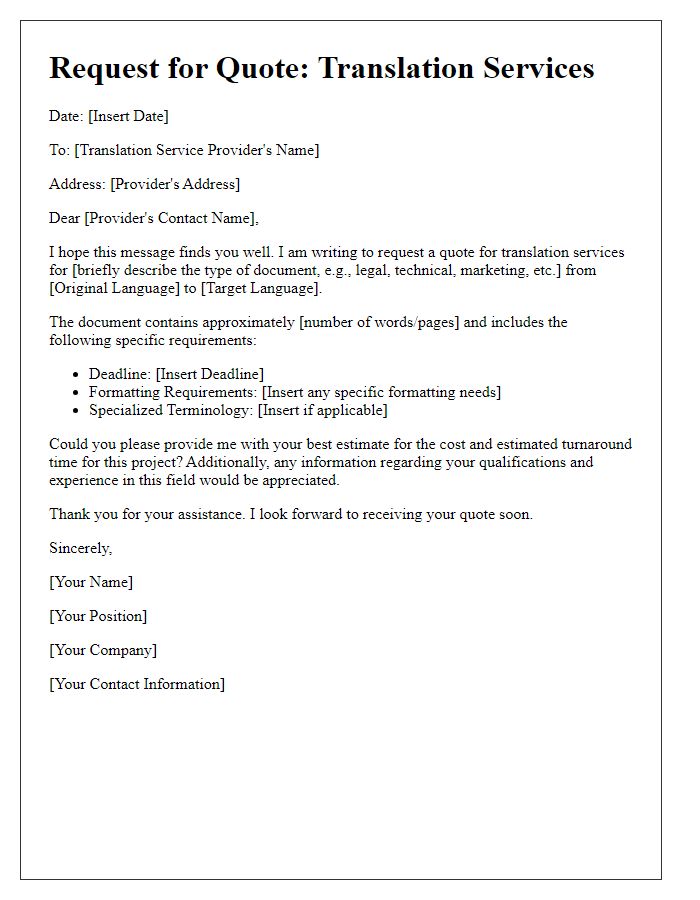 Letter template of communication for translation services quote request.