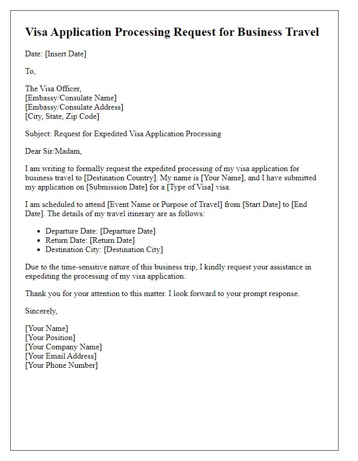 Letter template of visa application processing request for business travel.