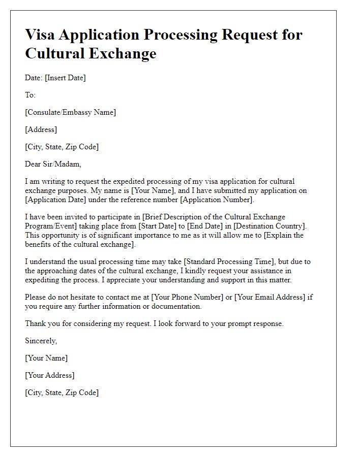 Letter template of visa application processing request for cultural exchange.