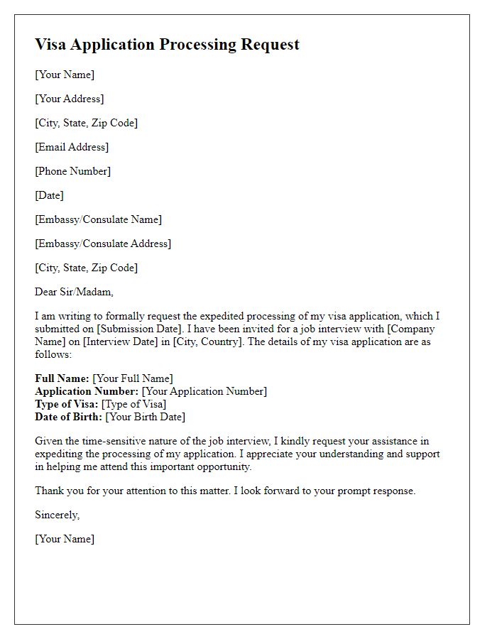 Letter template of visa application processing request for job interview.