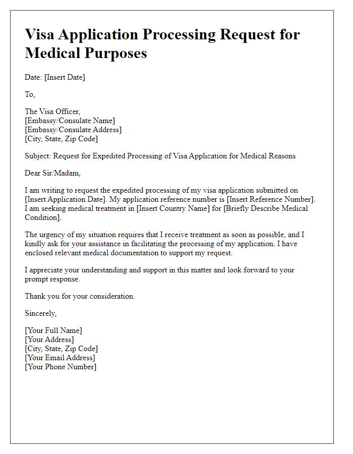 Letter template of visa application processing request for medical purposes.