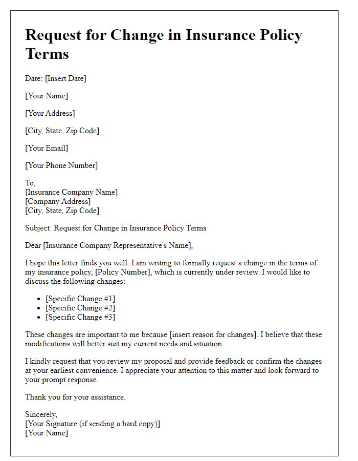 Letter template of request for change in insurance policy terms.