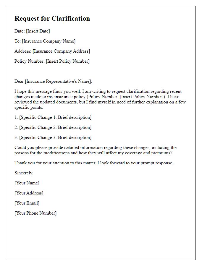 Letter template of request for clarification on insurance policy changes.