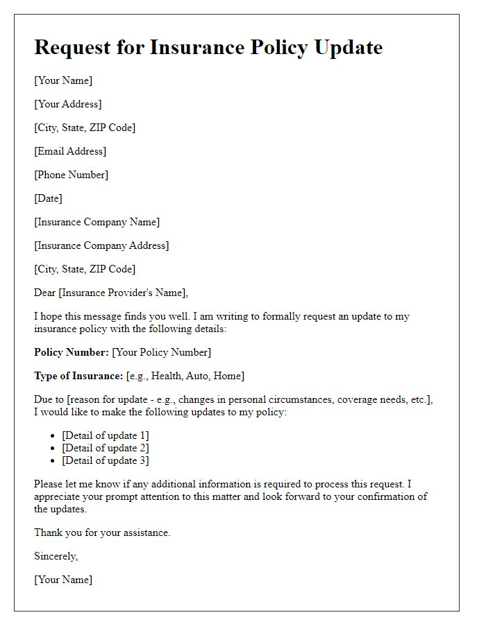 Letter template of request for insurance policy update.