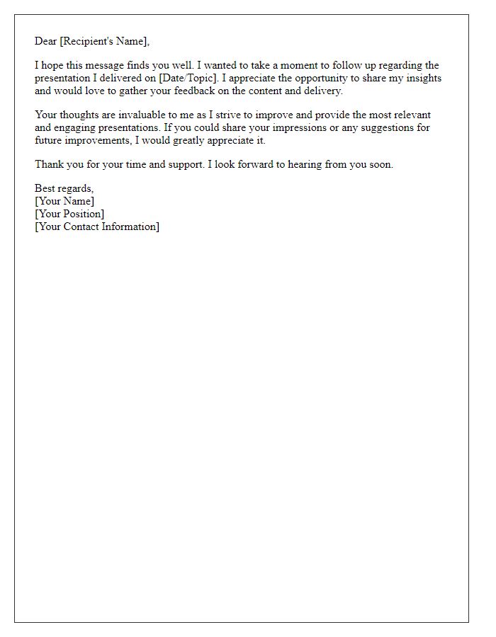 Letter template of follow-up for feedback on presentation content