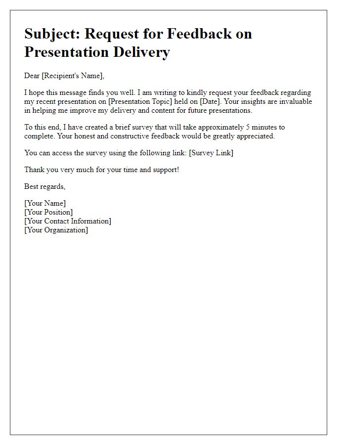 Letter template of survey request for audience feedback on presentation delivery