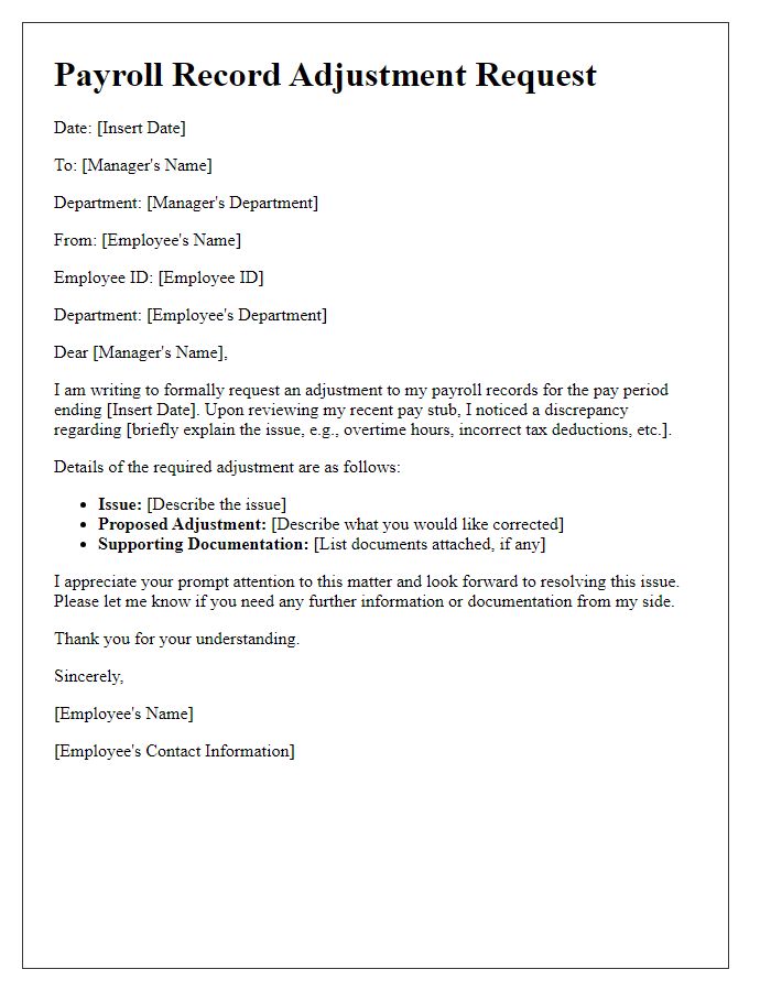 Letter template of employee payroll record adjustment request