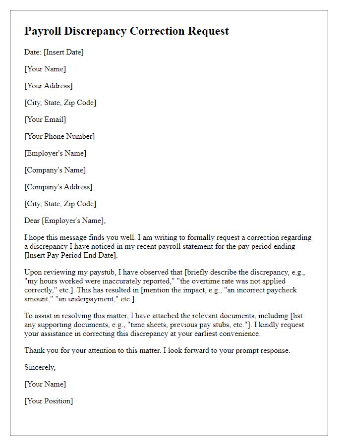 Letter template of payroll discrepancy correction request