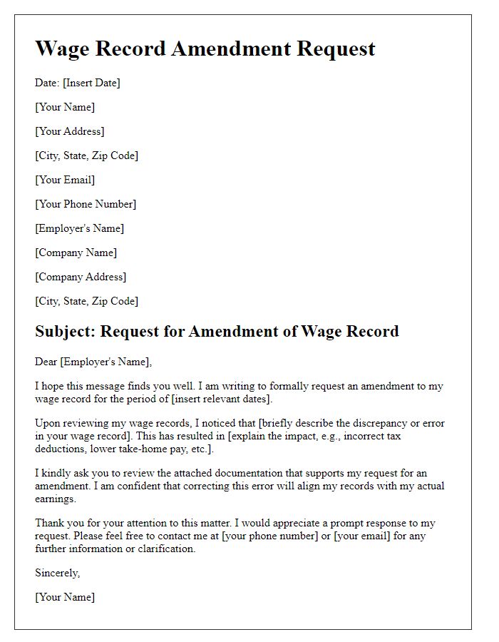 Letter template of wage record amendment request