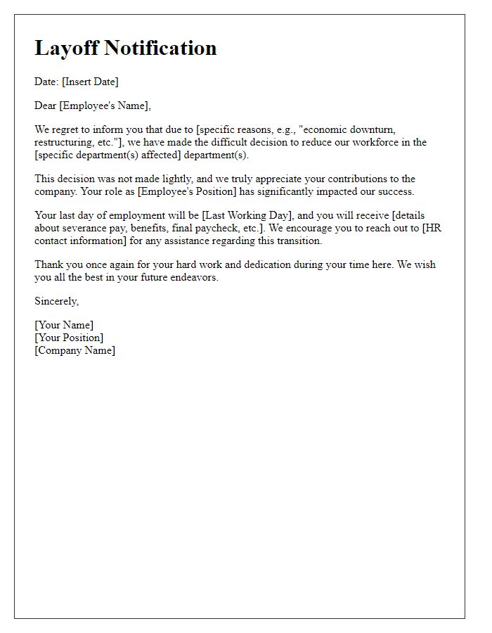 Letter template of employee layoff notification addressing layoffs in specific departments.