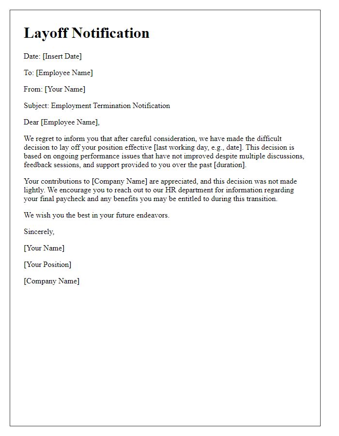 Letter template of employee layoff notification citing performance issues.