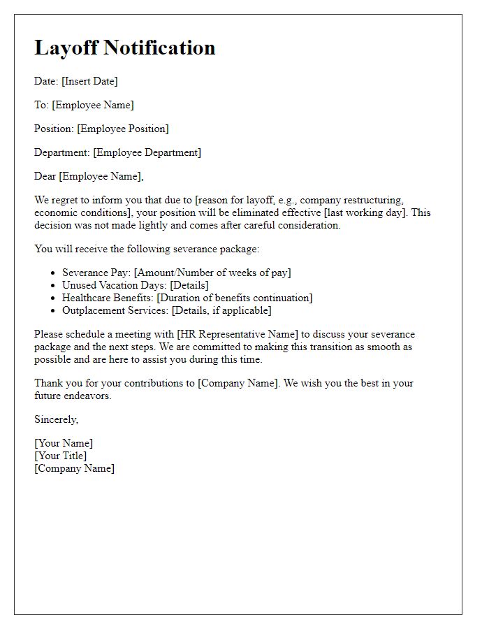 Letter template of employee layoff notification with severance details.