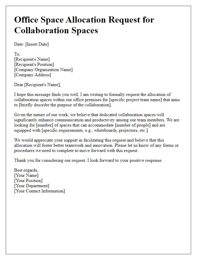 Letter template of office space allocation request for collaboration spaces.