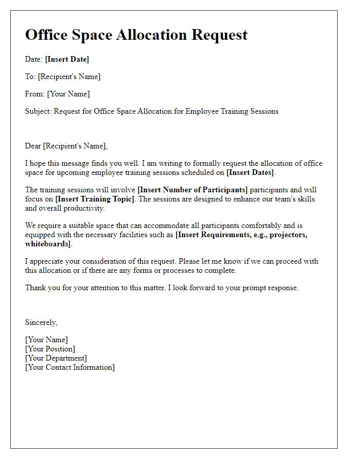 Letter template of office space allocation request for employee training sessions.