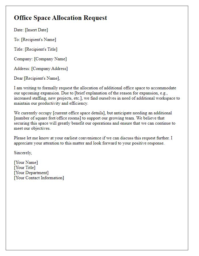 Letter template of office space allocation request for an expansion.