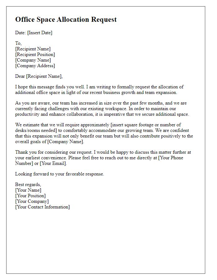 Letter template of office space allocation request for a growing business.