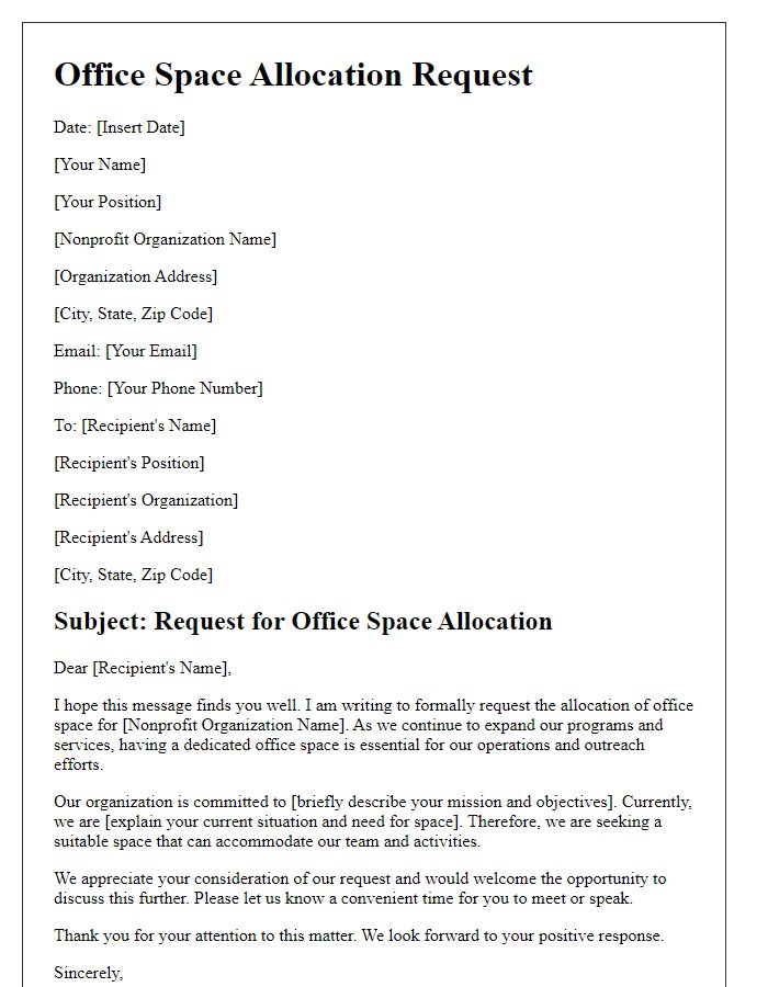 Letter template of office space allocation request for a nonprofit organization.