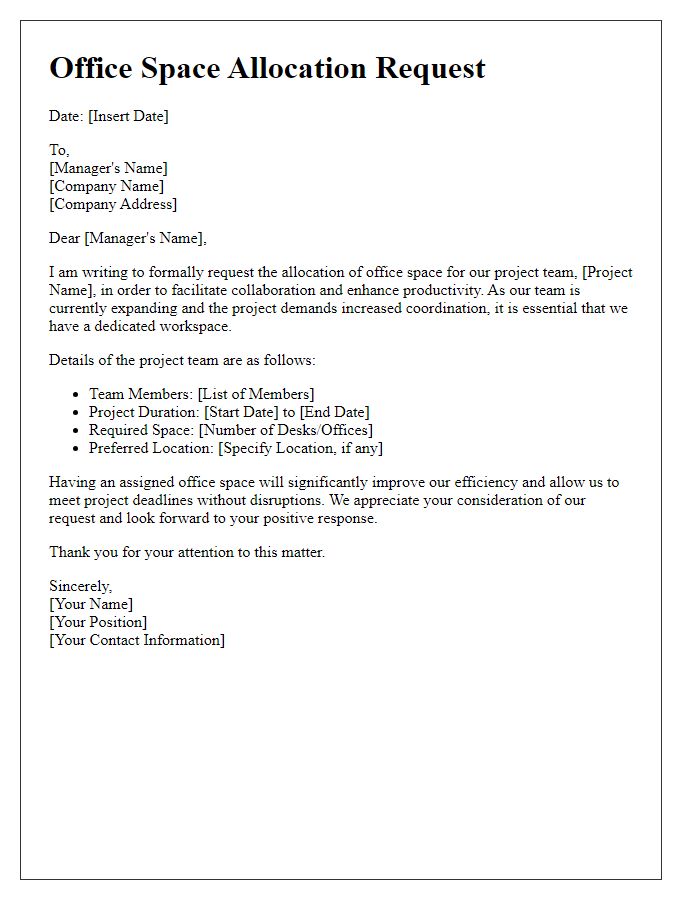 Letter template of office space allocation request for a project team.