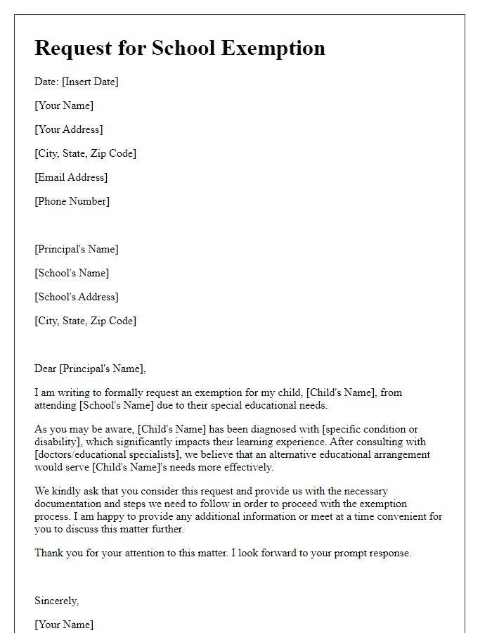 Letter template of request for child's school exemption due to special educational needs.