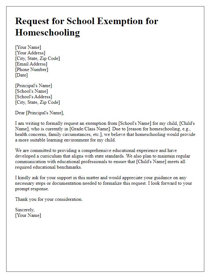 Letter template of request for child's school exemption for homeschooling purposes.