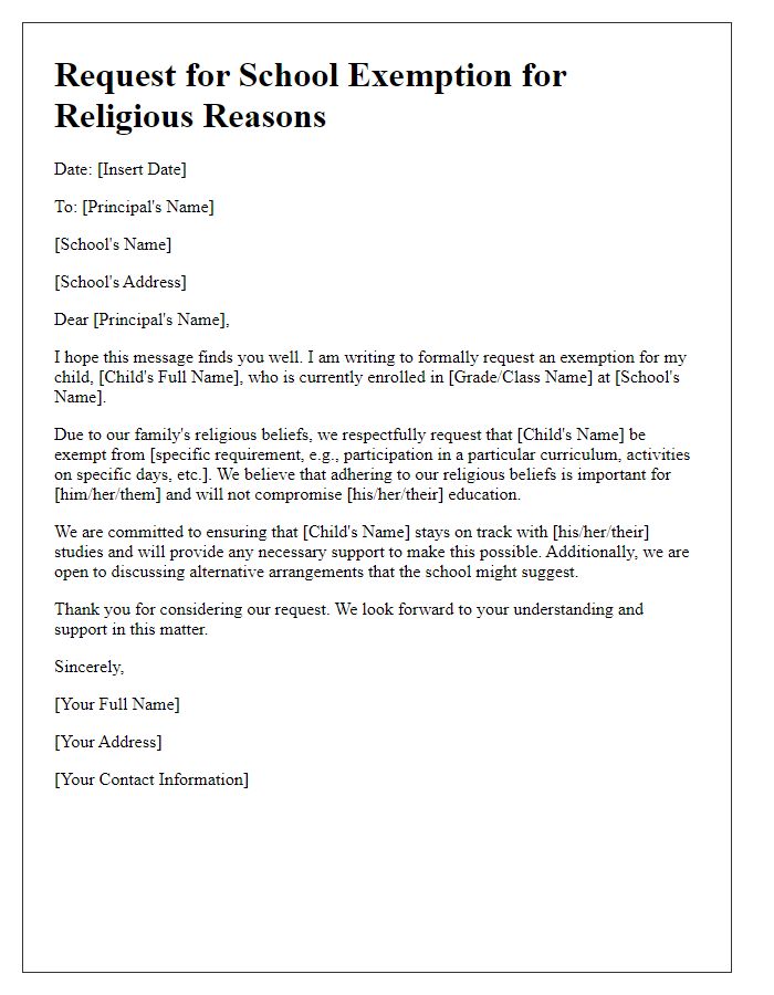 Letter template of request for child's school exemption for religious reasons.