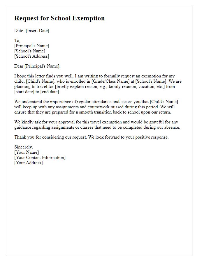 Letter template of request for child's school exemption for travel-related reasons.