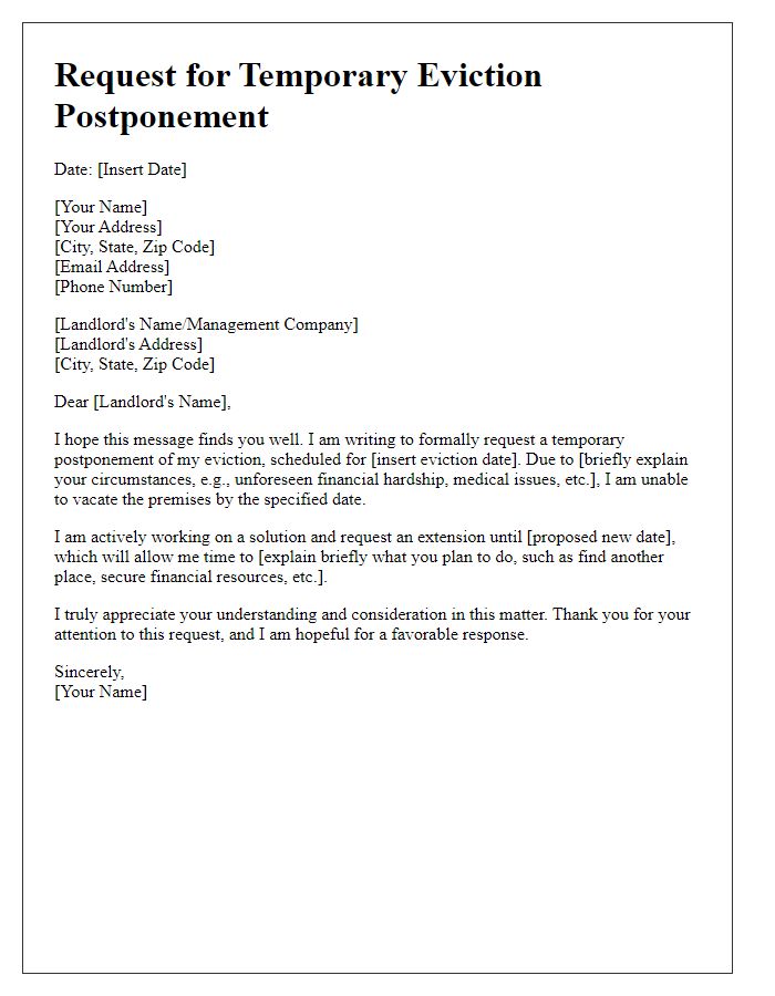 Letter template of request for temporary eviction postponement.