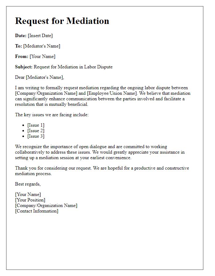 Letter template of labor dispute mediation request to improve communication between parties