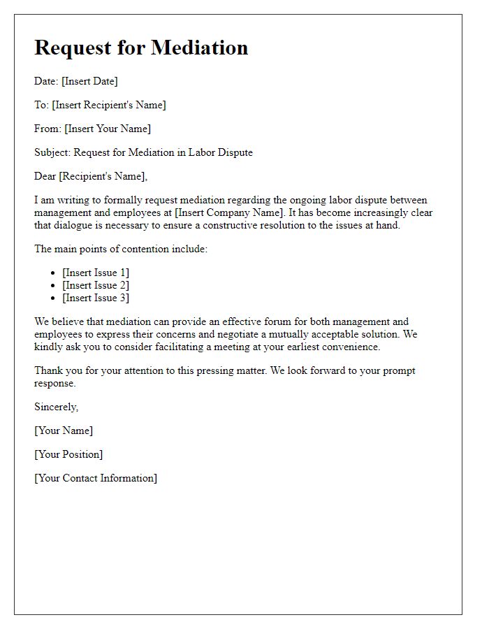 Letter template of labor dispute mediation request for management and employee dialogue