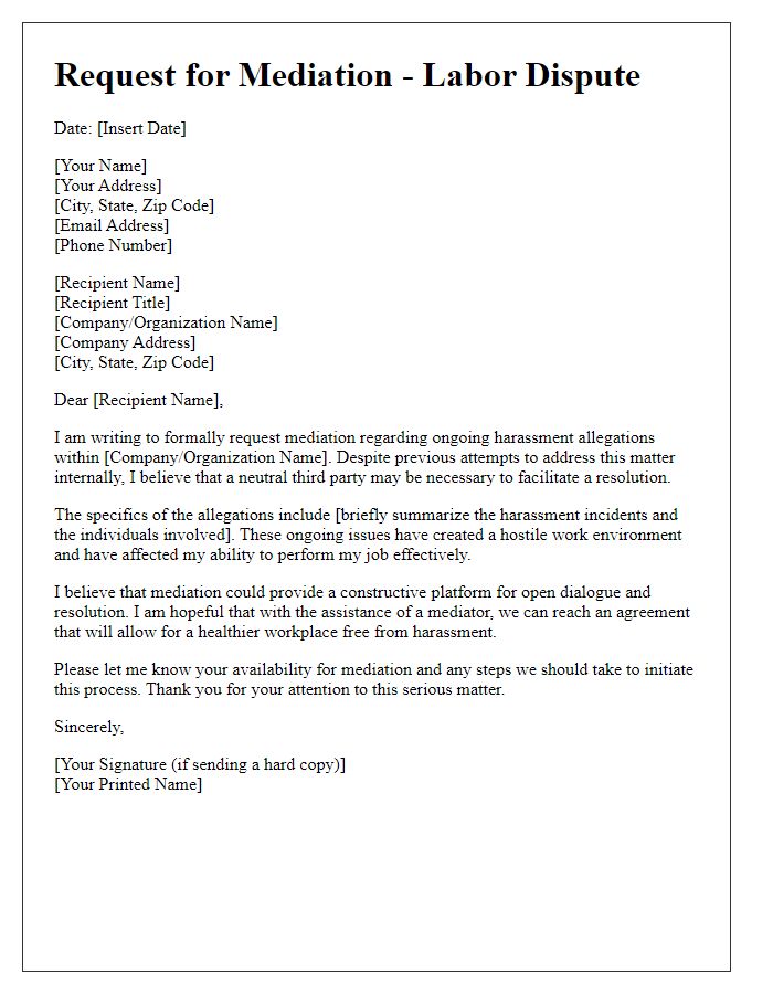 Letter template of labor dispute mediation request to resolve harassment allegations