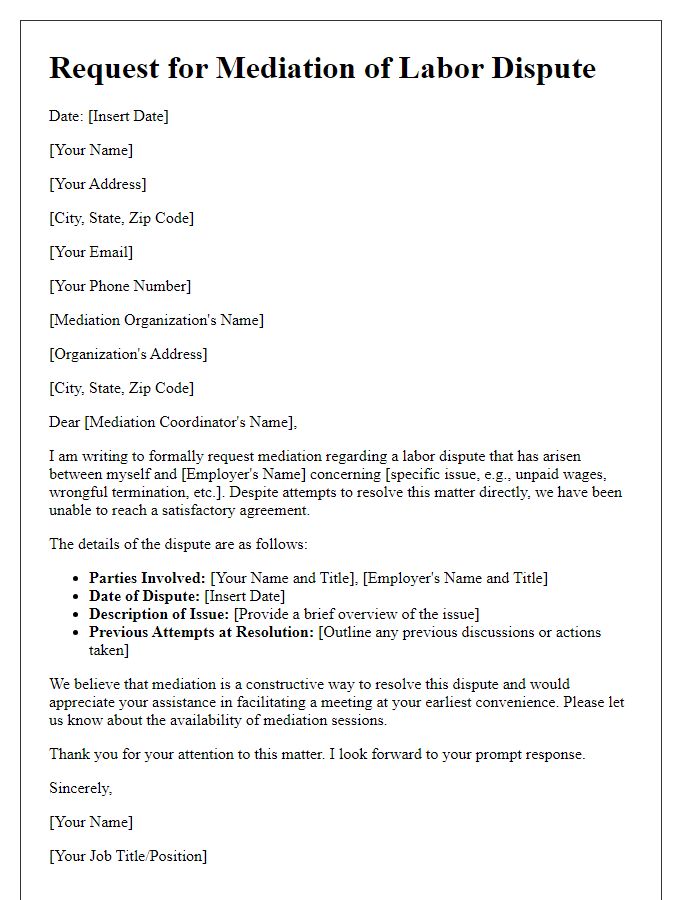 Letter template of labor dispute mediation request for specific issue resolution