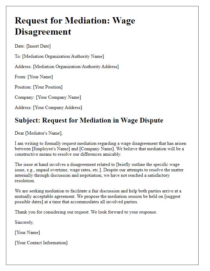 Letter template of labor dispute mediation request for wage disagreement settlement