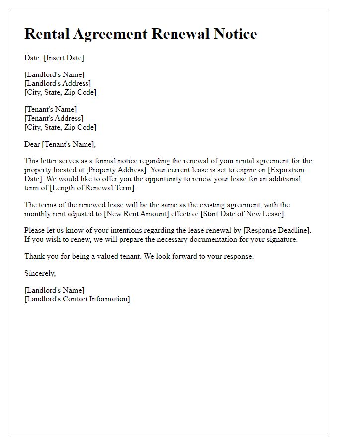 Letter template of rental agreement renewal notice for landlords