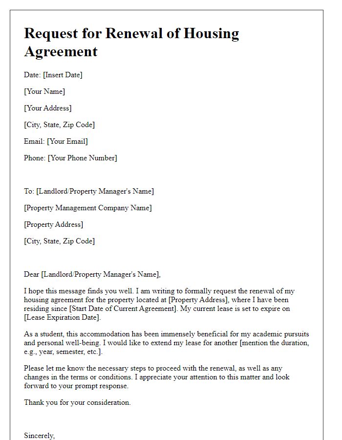 Letter template of request for renewal of housing agreement for students