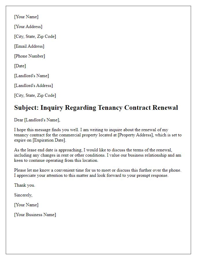 Letter template of tenancy contract renewal inquiry for commercial properties