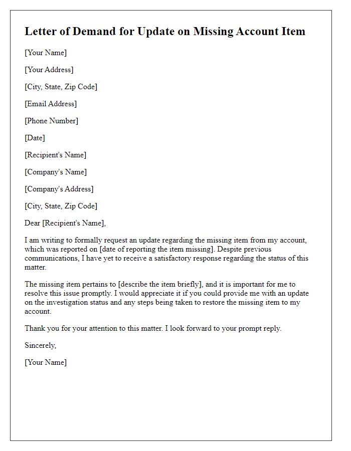 Letter template of demand for update on missing account item