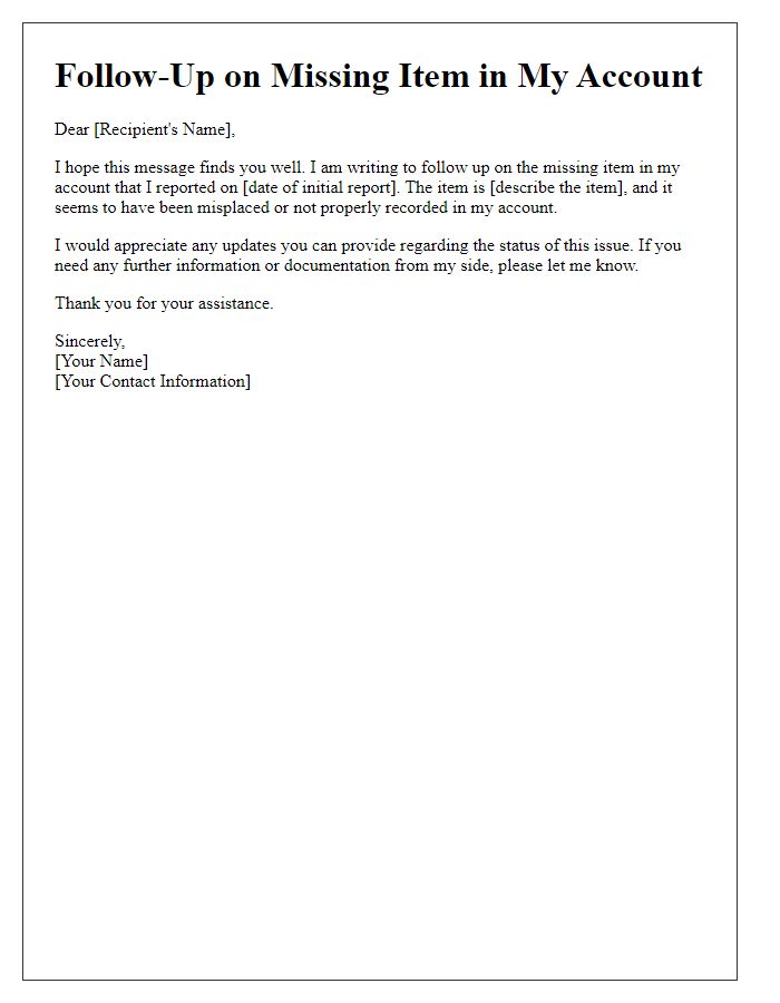 Letter template of follow-up on missing item in account