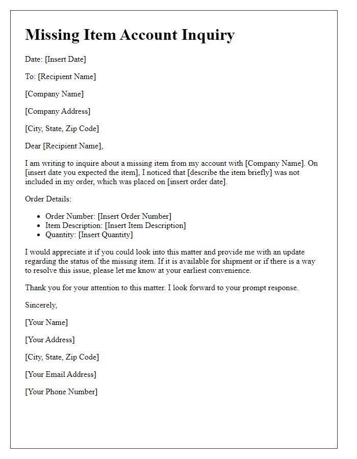 Letter template of missing item account inquiry