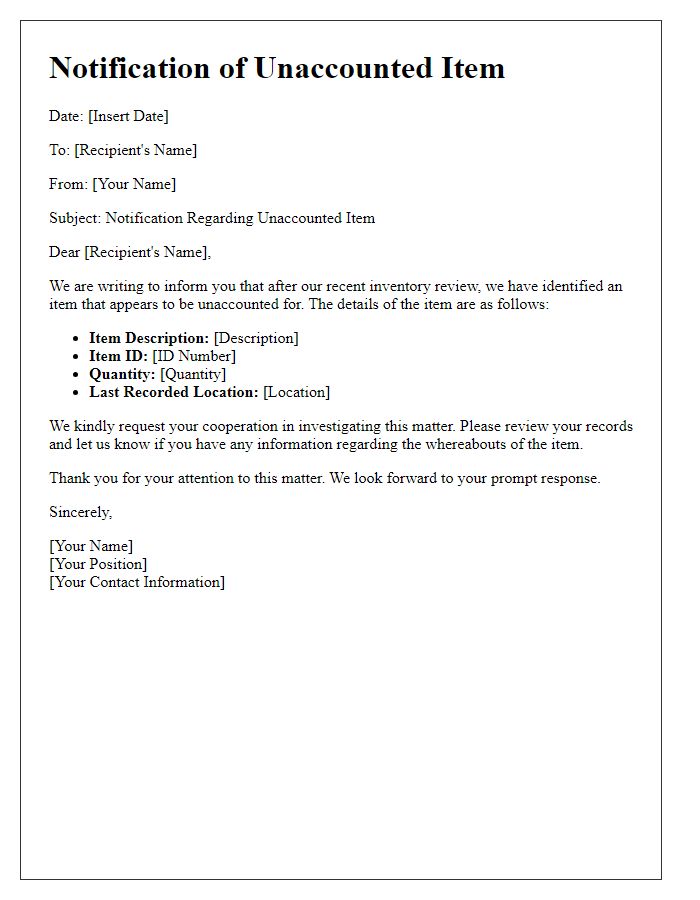 Letter template of notification for unaccounted item