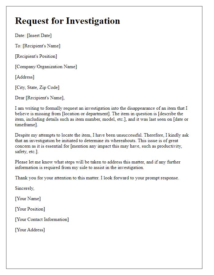 Letter template of request for investigation into missing item