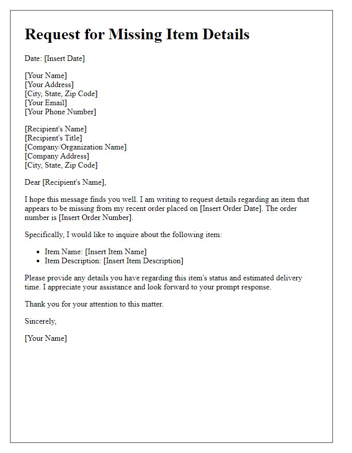 Letter template of request for missing item details
