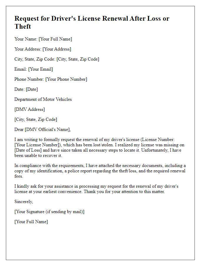 Letter template of request for driver's license renewal after lost or stolen license