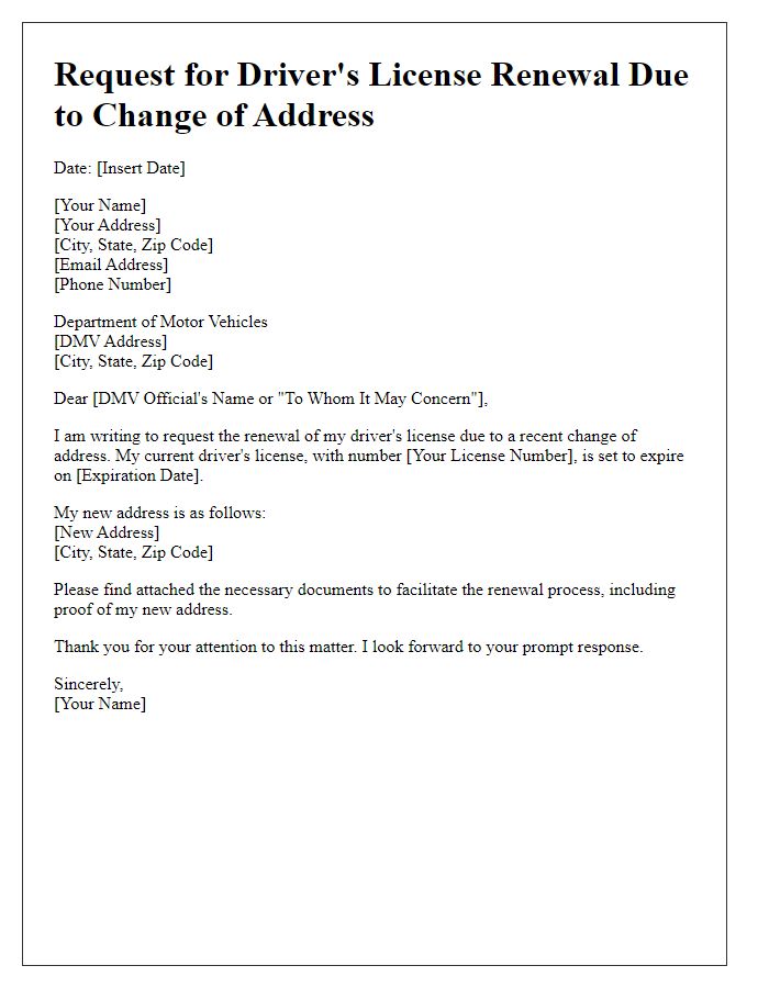 Letter template of request for driver's license renewal for change of address