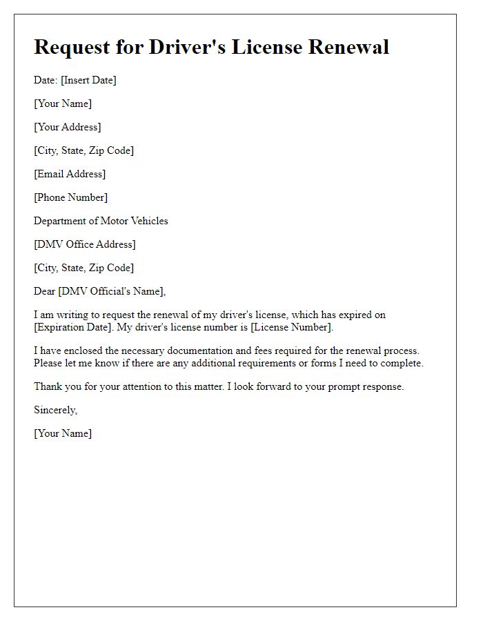 Letter template of request for driver's license renewal due to expiration