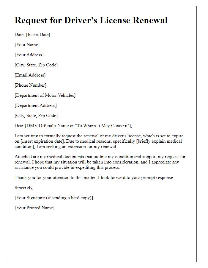 Letter template of request for driver's license renewal for medical reasons