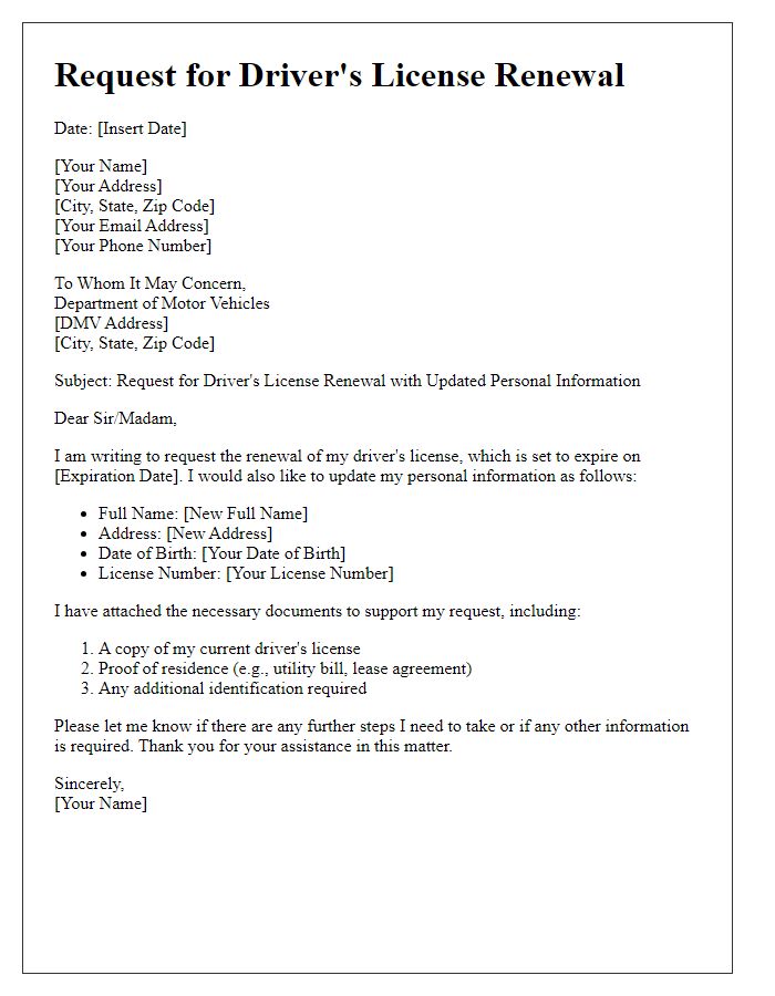 Letter template of request for driver's license renewal with updated personal information