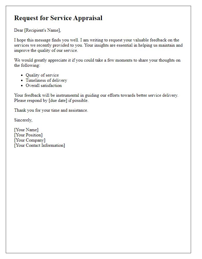 Letter template of a request for service appraisal through feedback.