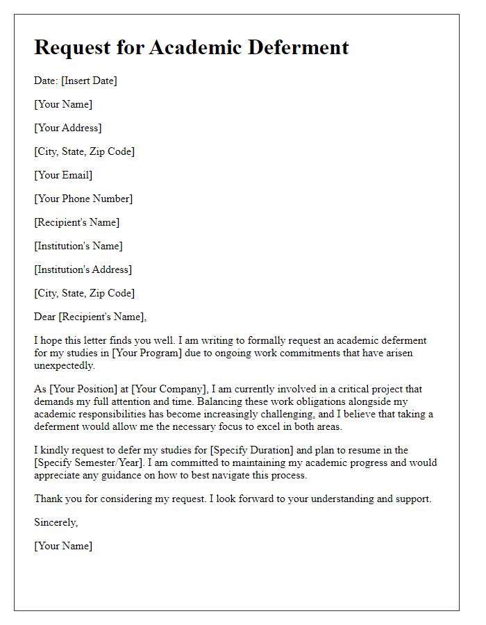 Letter template of request for academic deferment for work commitments